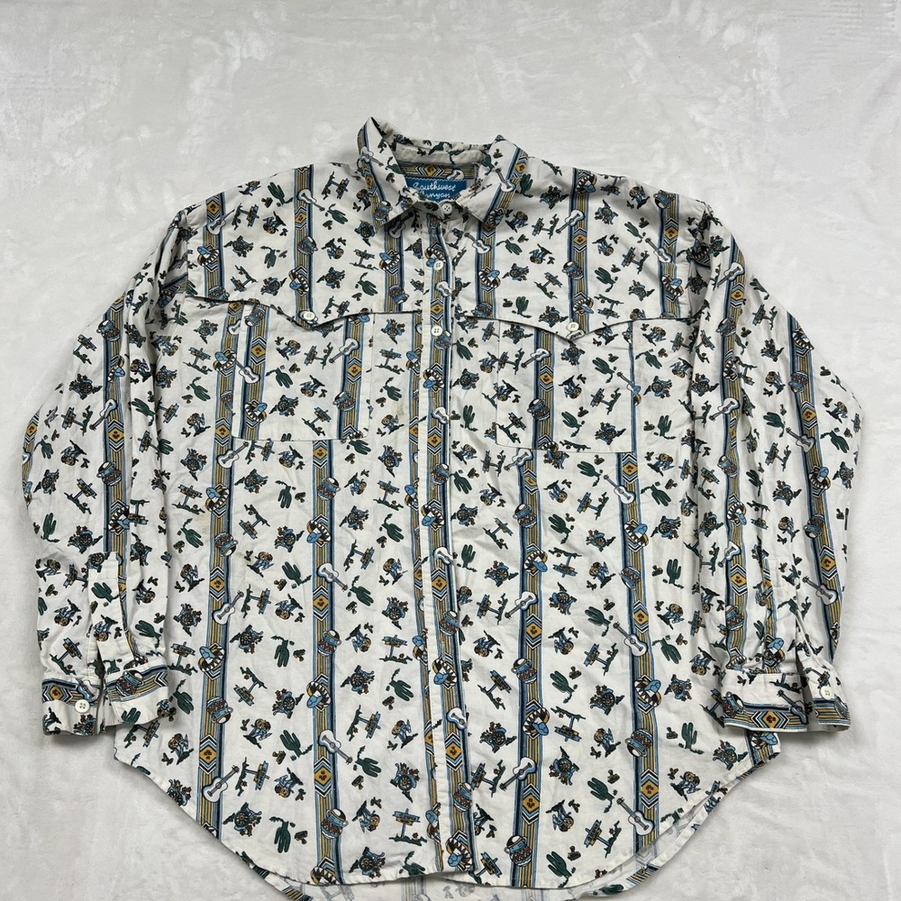 Southwest Canyon Button Down Shirt Mens Large Cream Desert Cactus Guitar Print